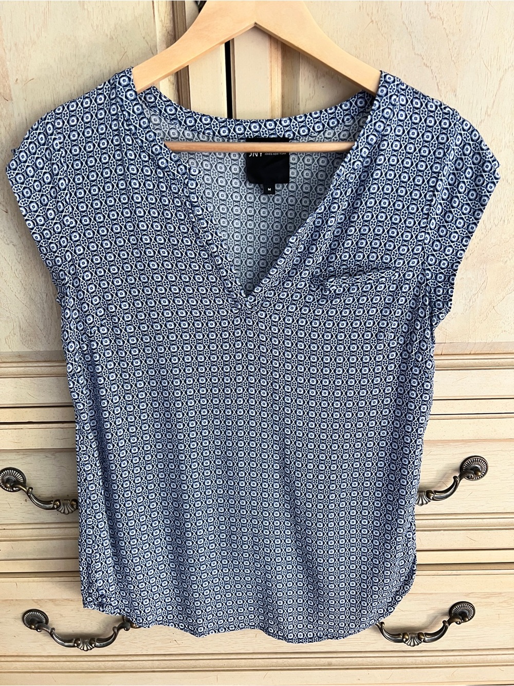 Jones New York Navy & White Printed V-Neck Cap Sleeve Blouse